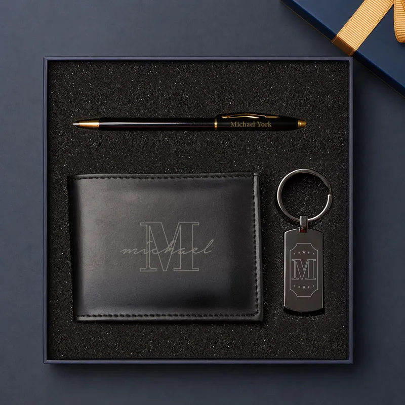 Custom Vegan Leather Wallet Pen Keychain Gift Set