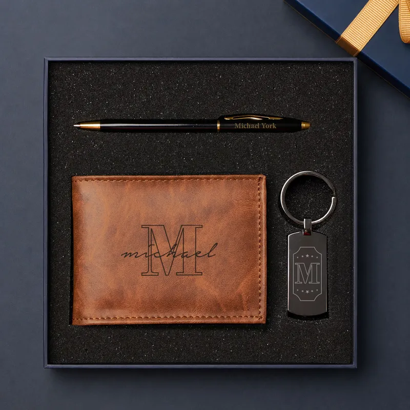 Custom Vegan Leather Wallet Pen Keychain Gift Set