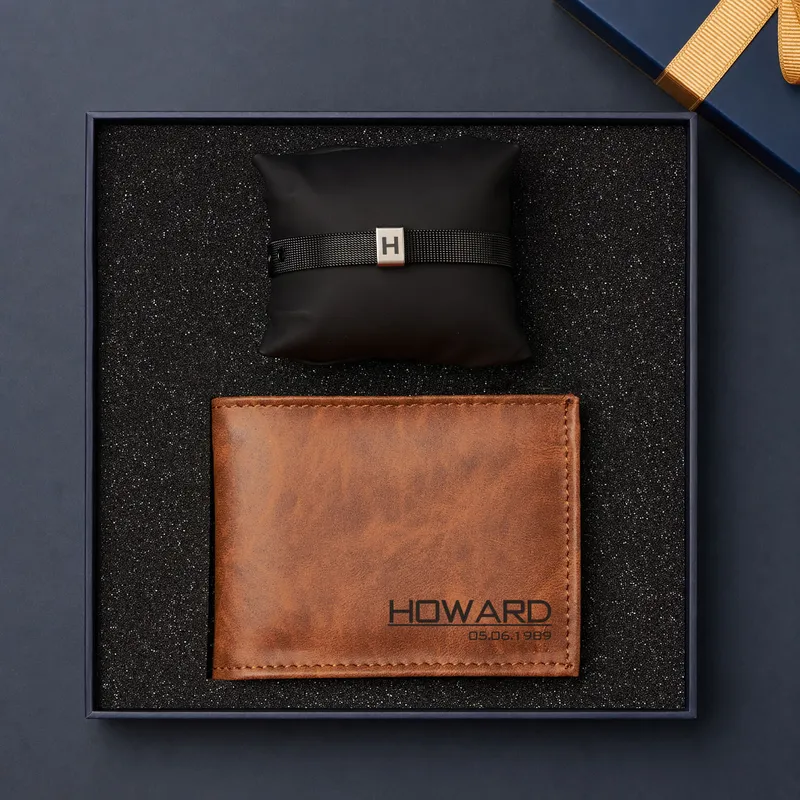 Personalized Vegan Wallet and Initial Bracelet Gift Set