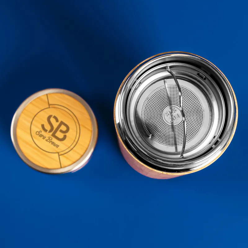 Personalized Vintage Design Bamboo Thermos Flask with Tea Strainer