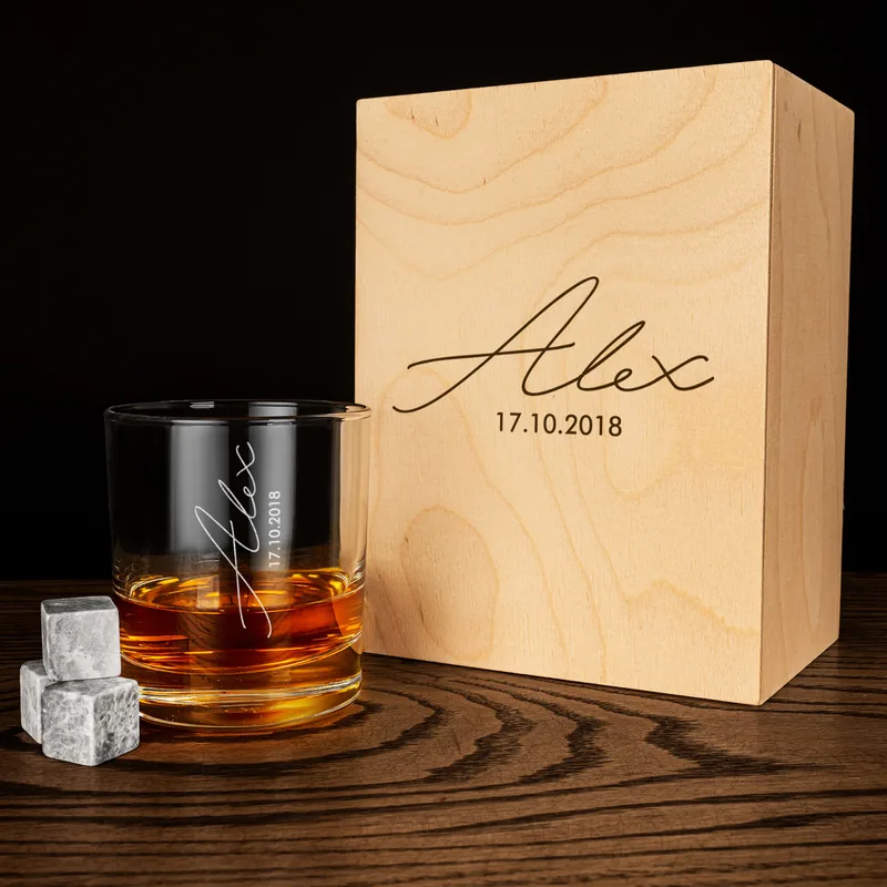 Custom Whiskey Glasses, Ice Balls, Coasters & Wood Box Set - Teals
