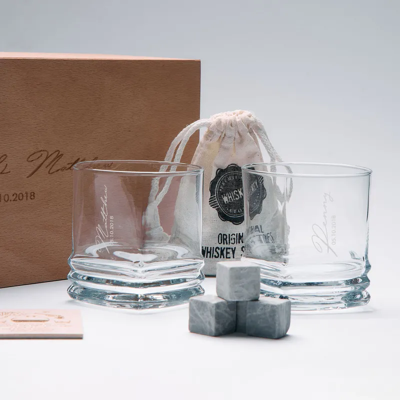 Personalized Whiskey Glass Set with Wooden Box and Chilling Stones