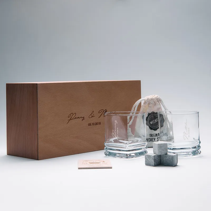 Personalized Whiskey Glass Set with Wooden Box and Chilling Stones