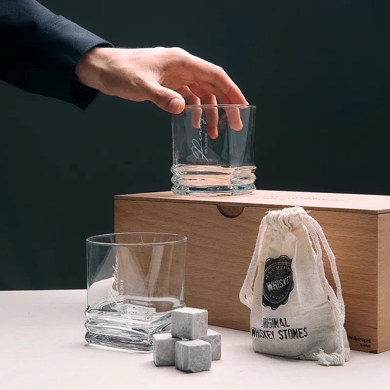 Personalized Whiskey Glass Set with Wooden Box and Chilling Stones