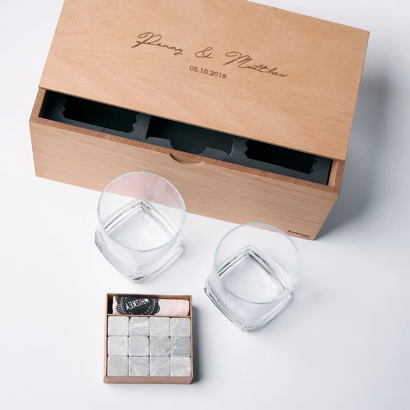Personalized Whiskey Glass Set with Wooden Box and Chilling Stones