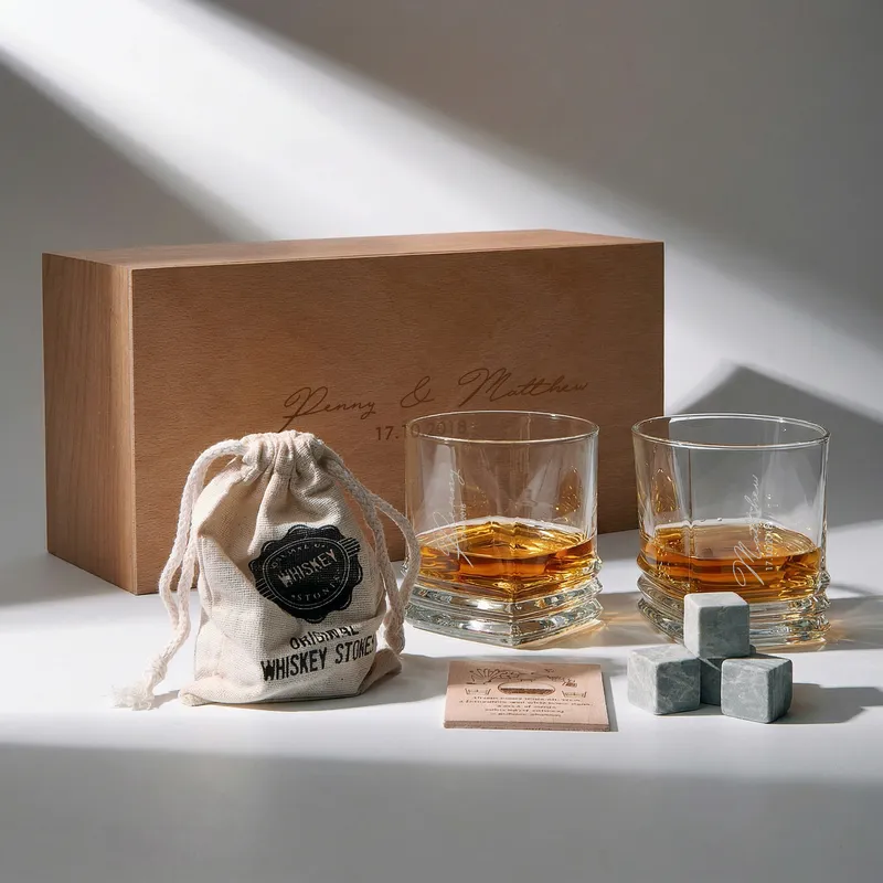 Personalized Whiskey Glass Set with Wooden Box and Chilling Stones