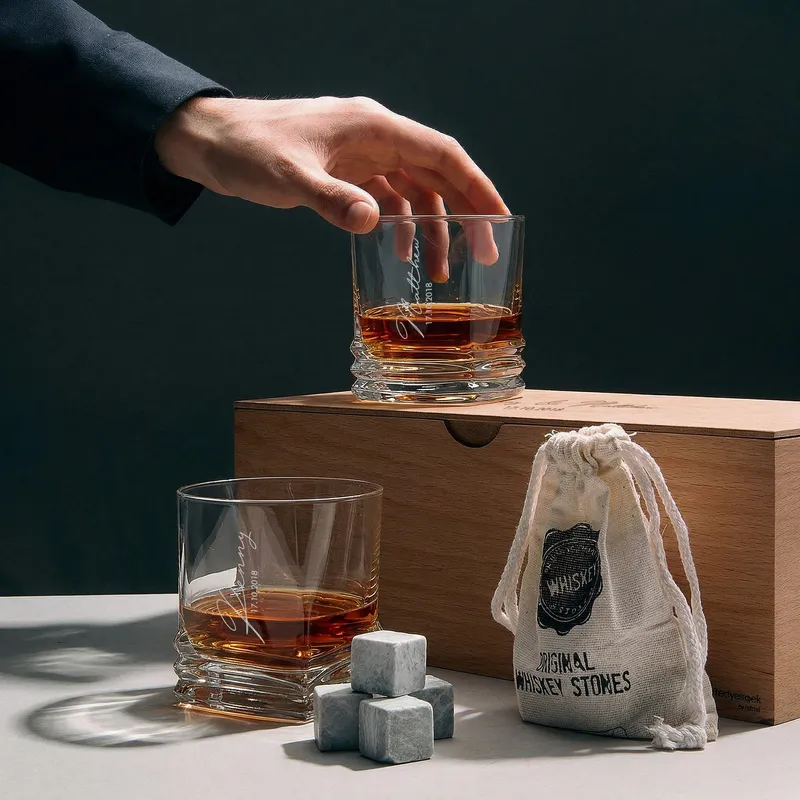 Personalized Whiskey Glass Set with Wooden Box and Chilling Stones