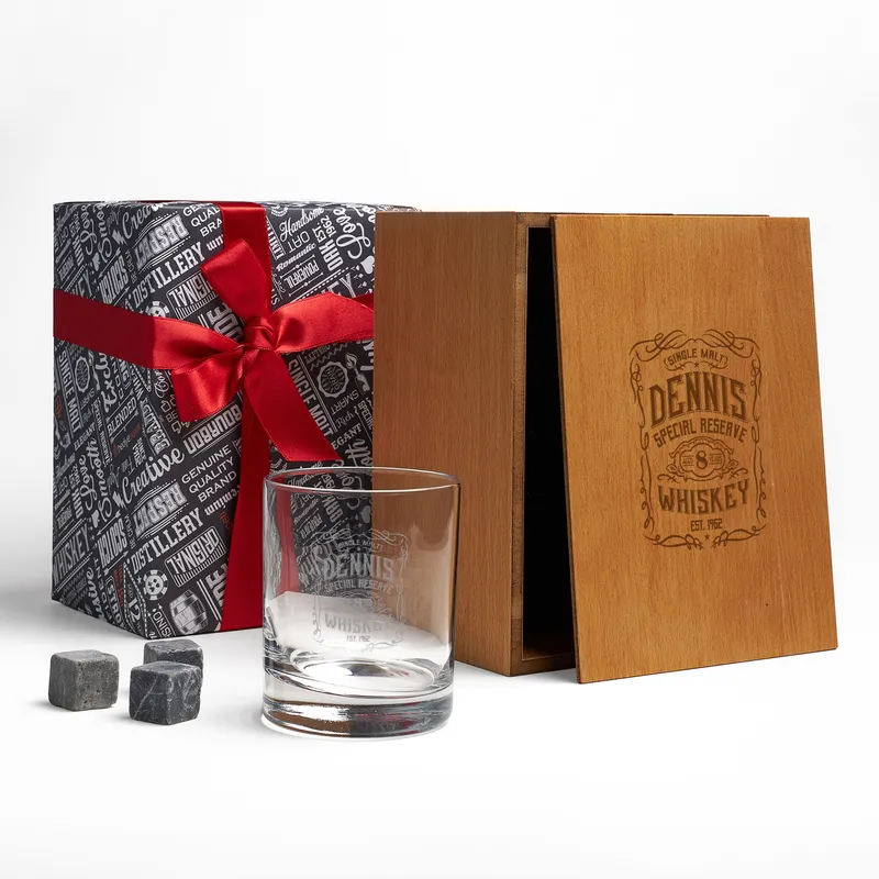 Personalized Whiskey Glass Set with Wooden Box for Him