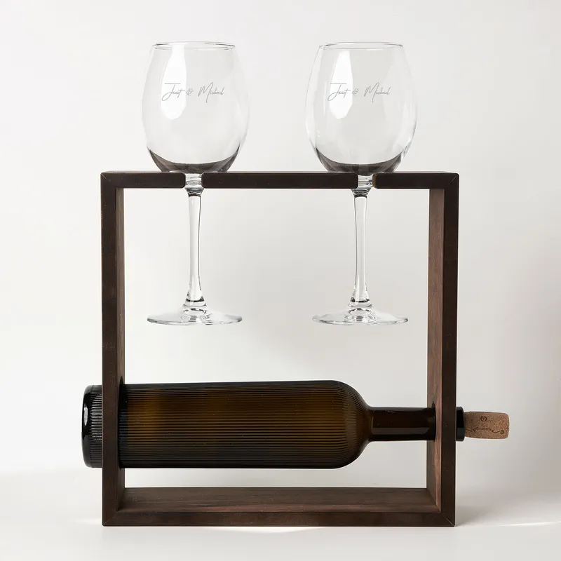 Personalised Wine Glass and Wooden Stand Set for Couples