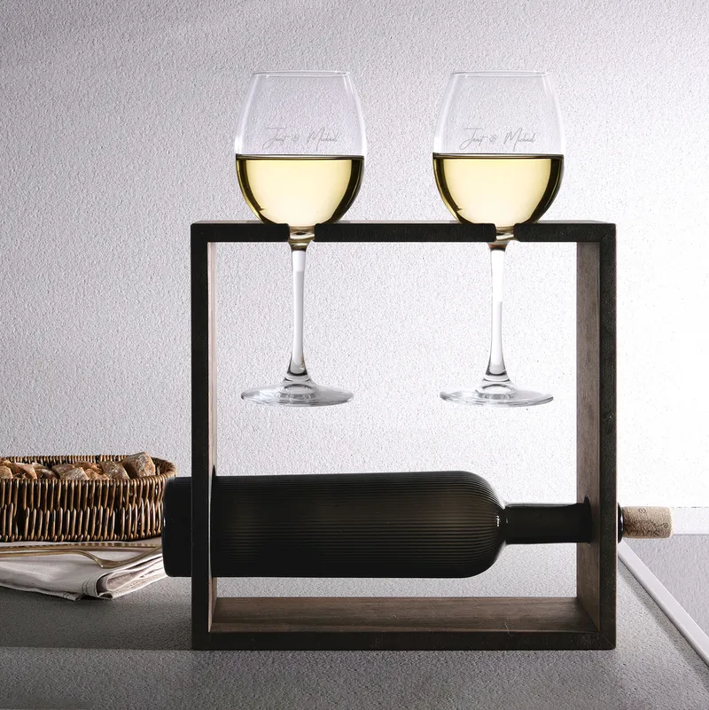 Personalised Wine Glass and Wooden Stand Set for Couples