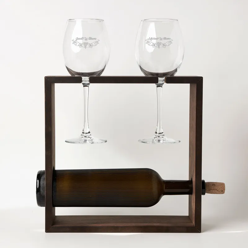 Personalized Wine Glass Set with Decorative Bottle Stand