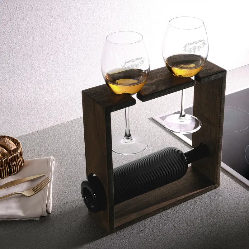 Personalized Wine Glass Set with Decorative Bottle Stand