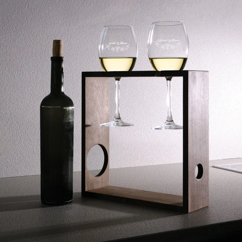 Personalized Wine Glass Set with Decorative Bottle Stand