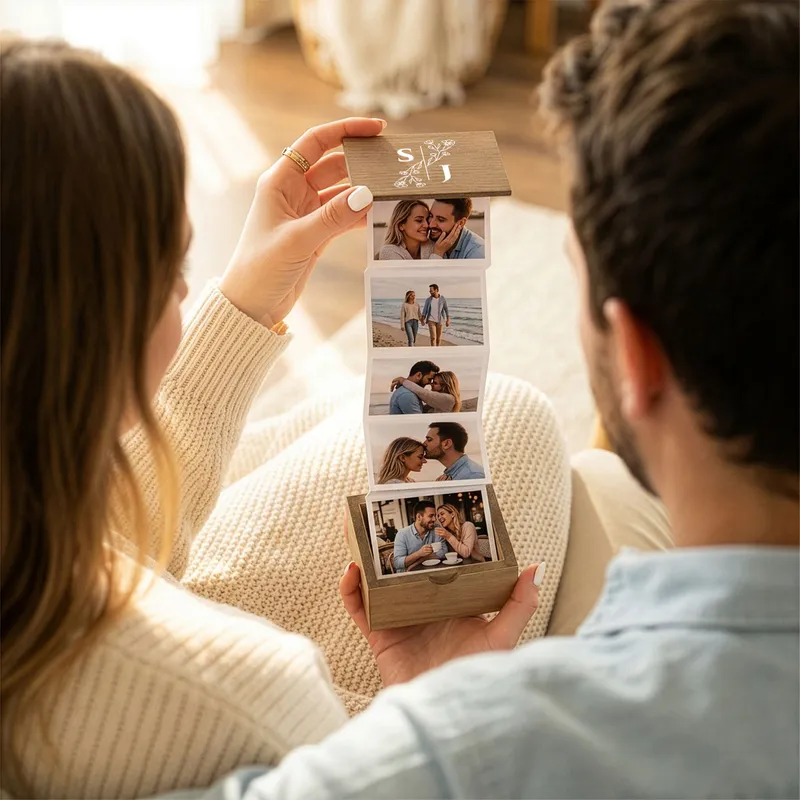 Personalized Wooden Accordion Photo Box for Couples