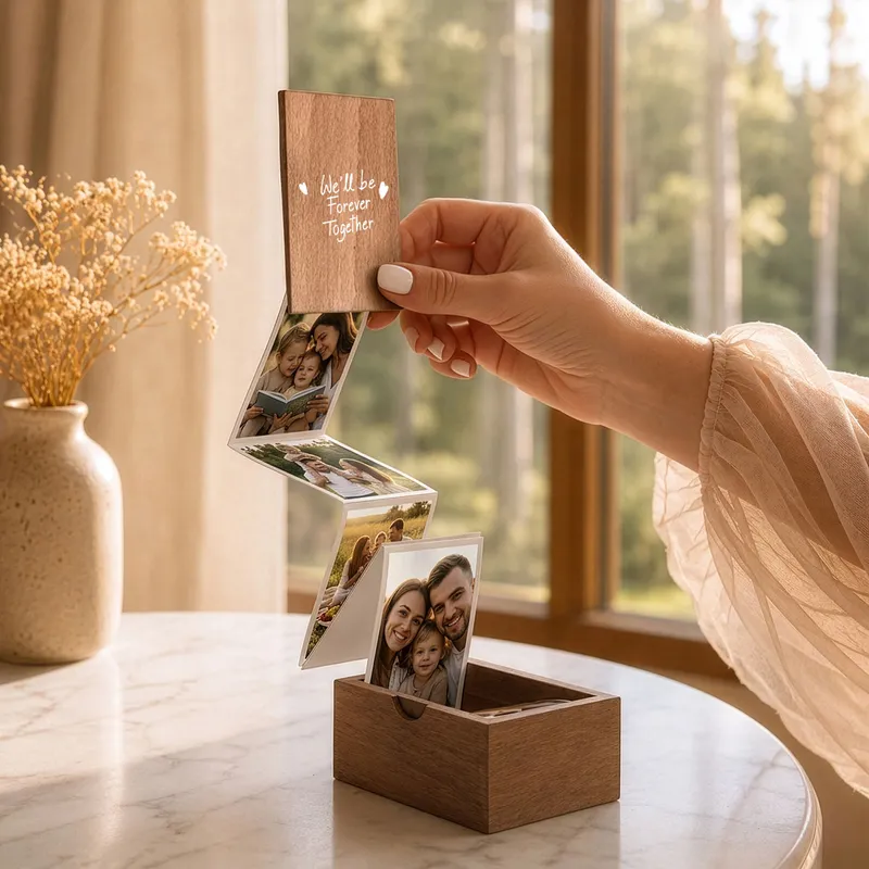 Personalized Wooden Accordion Photo Box with Design Options
