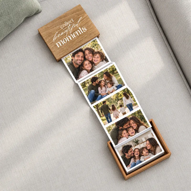 Personalized Wooden Accordion Photo Box with Design Options