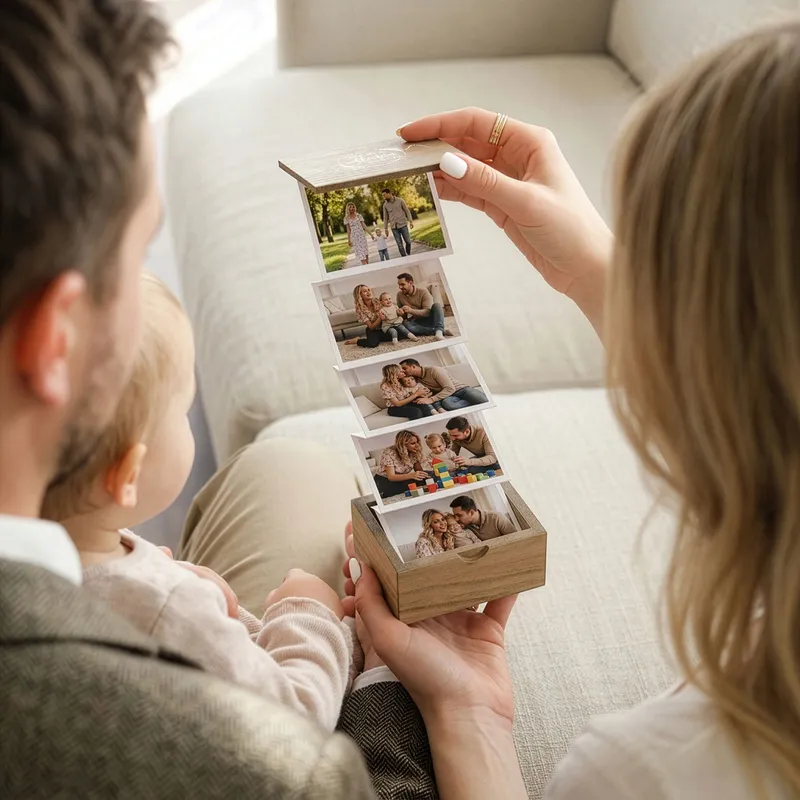 Personalized Wooden Accordion Photo Box with Design Options