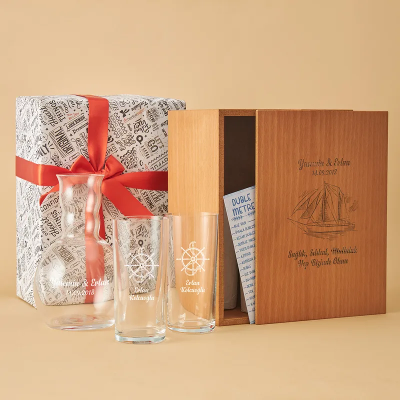 Personalized Wooden Box Raki Set for Sea Lovers