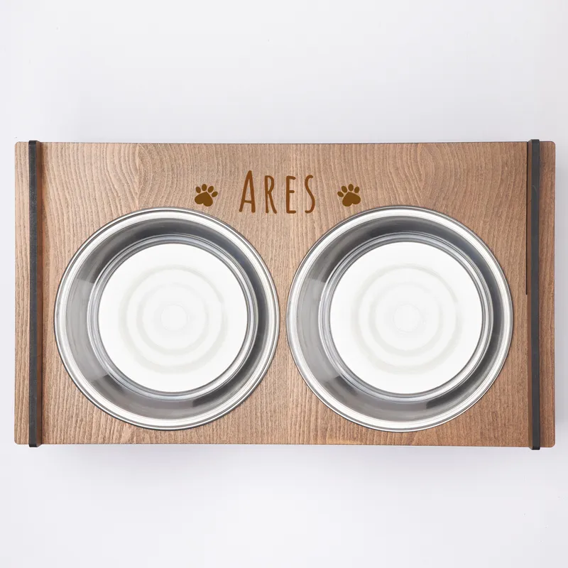 Personalized Wooden Cat Food and Water Bowl with Paw Design