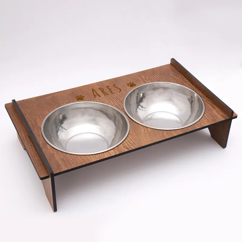 Personalized Wooden Cat Food and Water Bowl with Paw Design