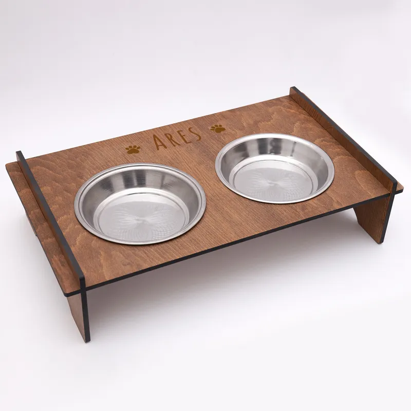 Personalized Wooden Cat Food and Water Bowl with Paw Design
