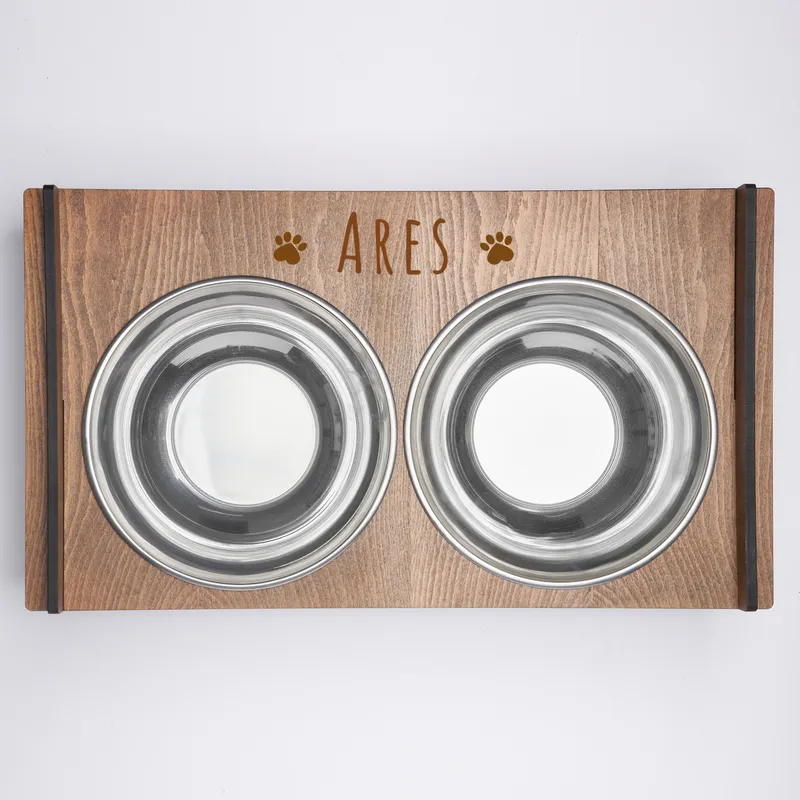 Personalized Wooden Cat Food and Water Bowl with Paw Design