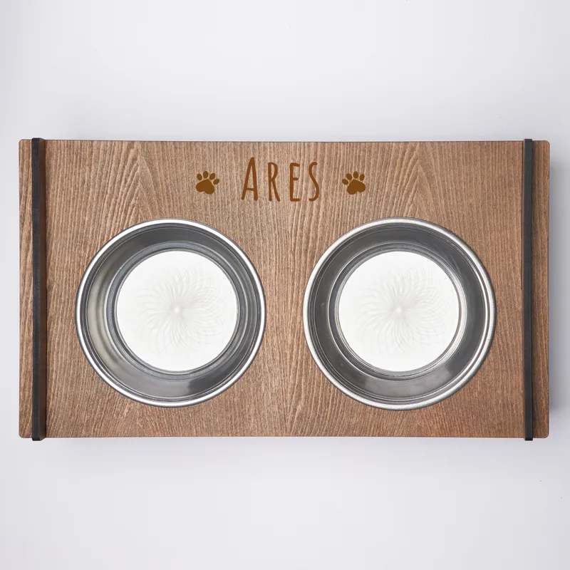 Personalized Wooden Cat Food and Water Bowl with Paw Design