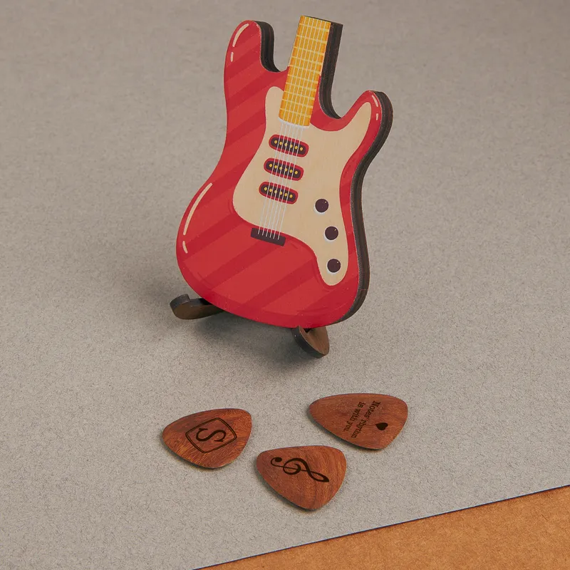 Personalized Wooden Electric Guitar Gift Set with Custom Picks