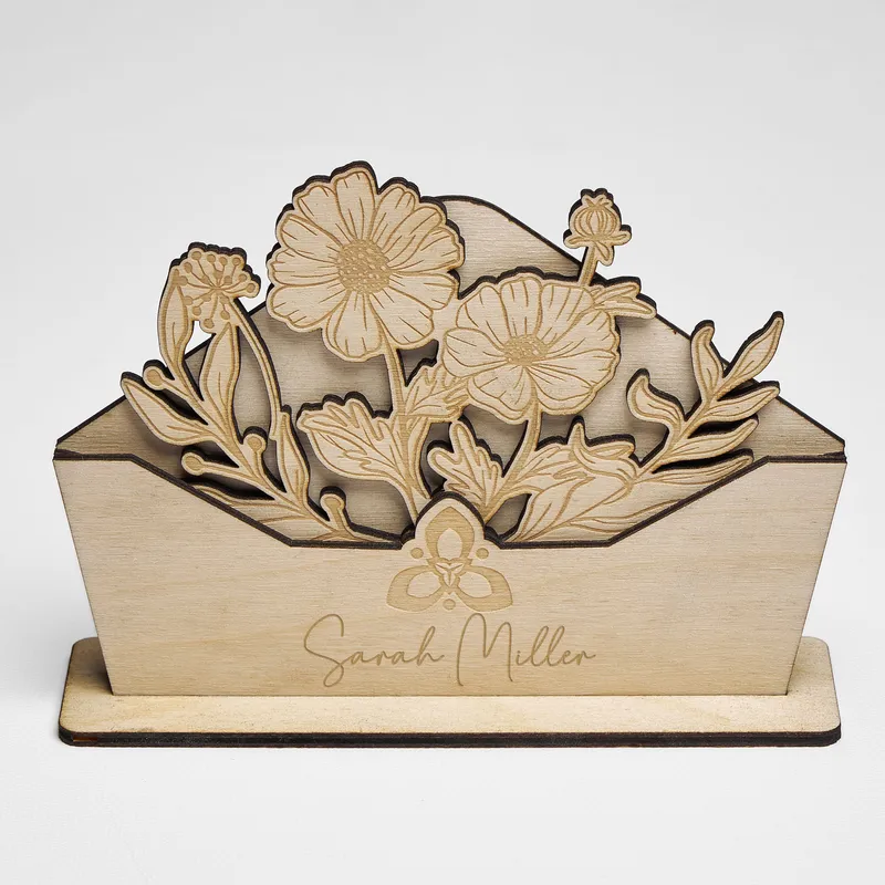 Personalized Wooden Flower Desk Nameplate