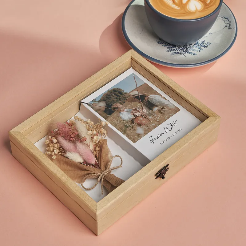 Personalized Wooden Gift Box with Floral Bouquet