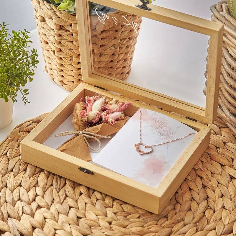 Personalized Wooden Gift Box with Heart Necklace and Flower Bouquet