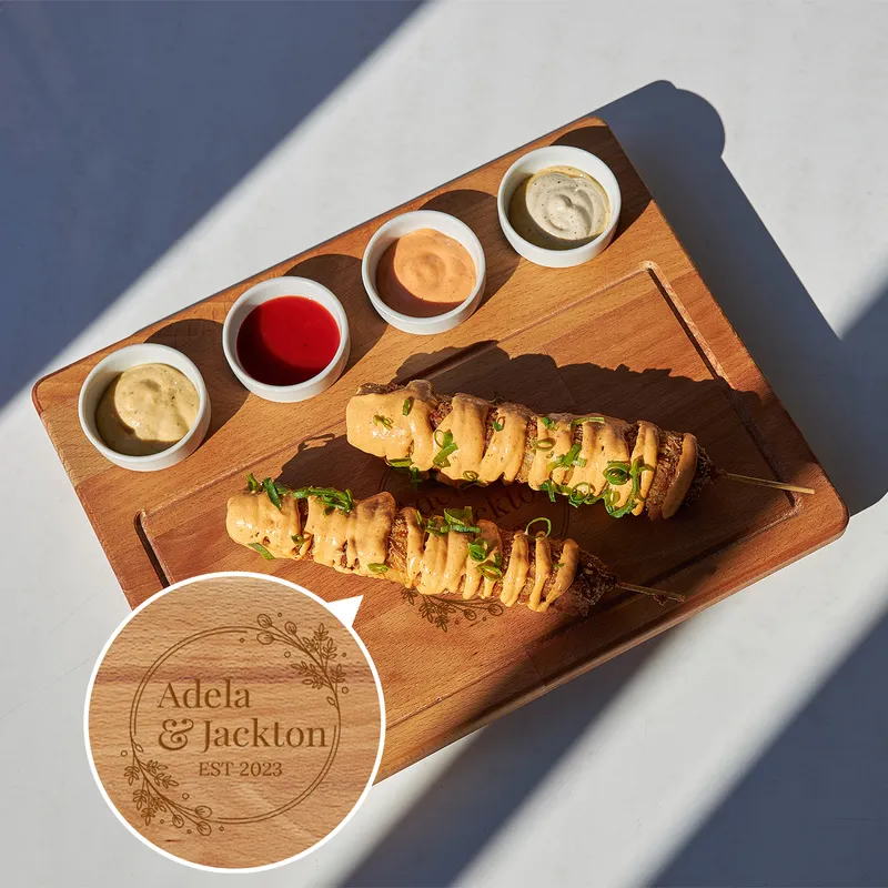 Personalised Wooden Serving Platter with Mini Sauce Bowls