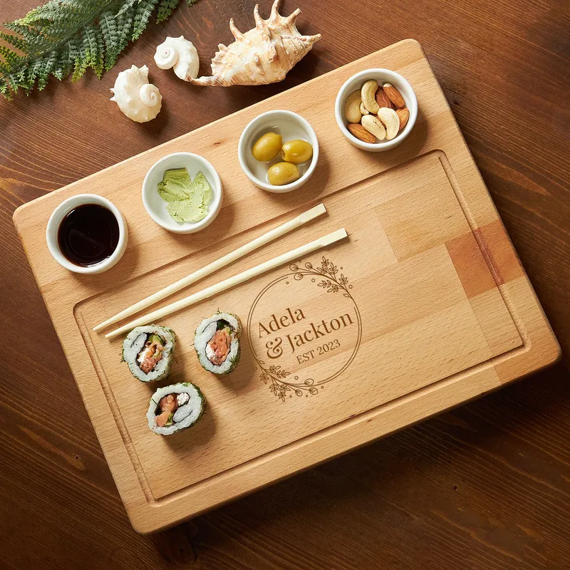 Personalised Wooden Serving Platter with Mini Sauce Bowls