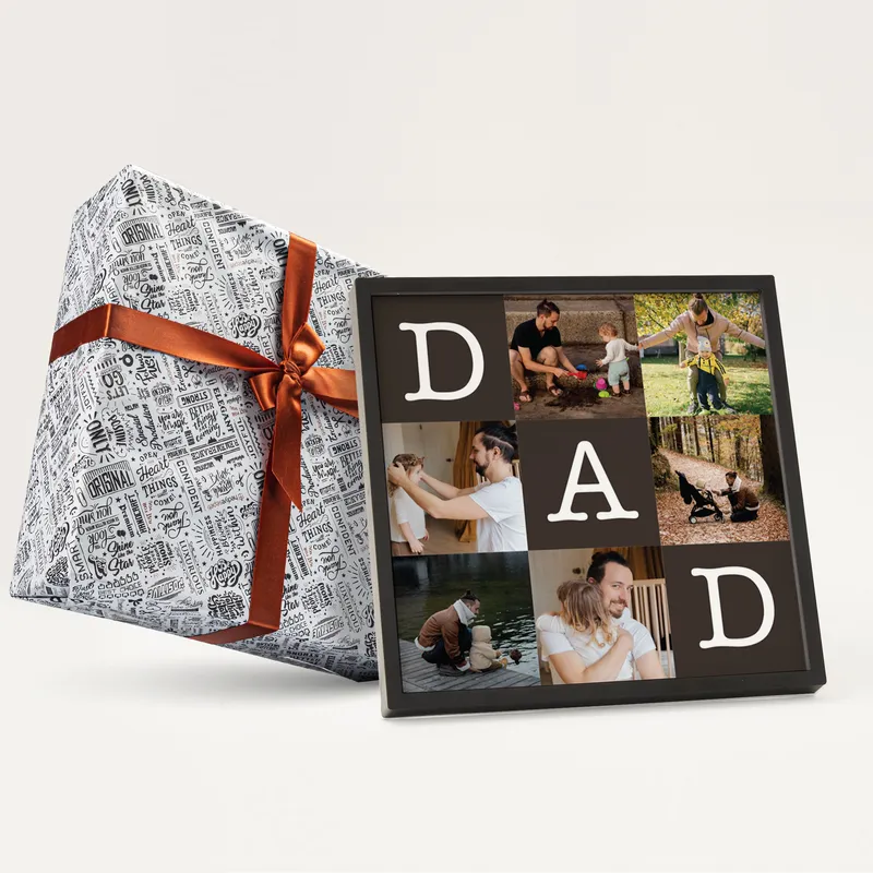 Photo Collage Frame with Sticky Photo Prints as Gift for Dad