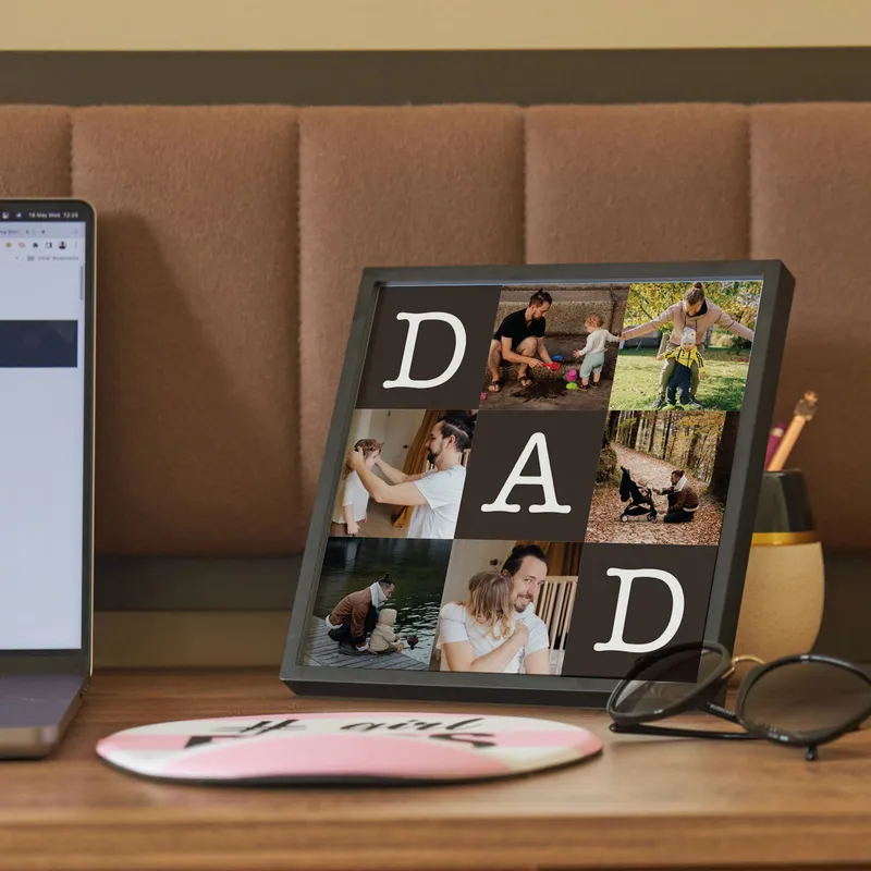 Photo Collage Frame with Sticky Photo Prints as Gift for Dad