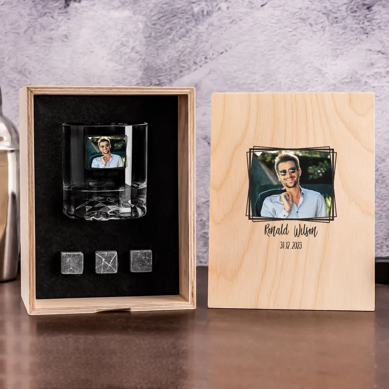 Photo Printed and Name Personalized Whiskey Glass Set