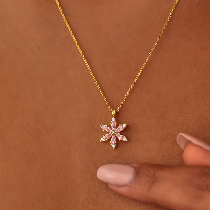 Pink Zircon Lotus Flower Silver Necklace