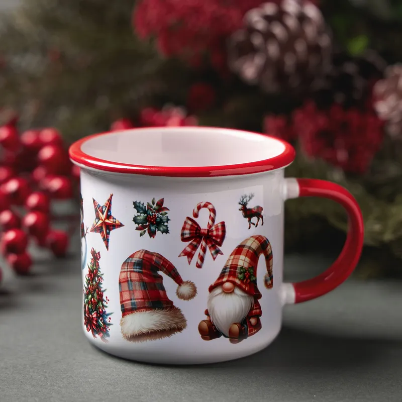 Plaid Christmas Gnome Red Enamel Mug