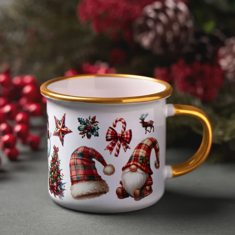 Plaid Christmas Gnome Red Enamel Mug
