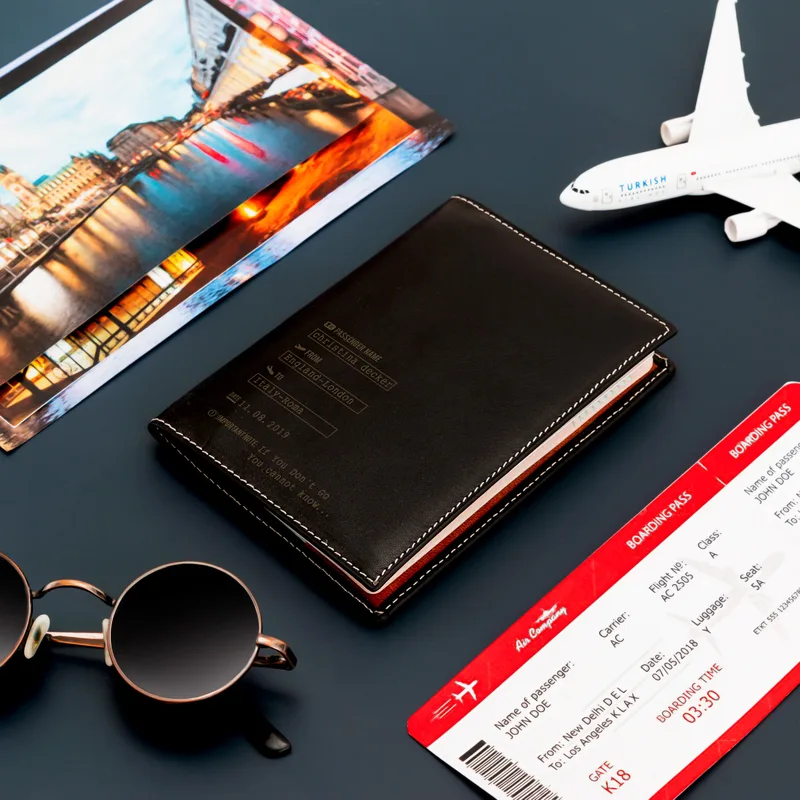 Personalised Leather Passport Holder with Plane Ticket Design