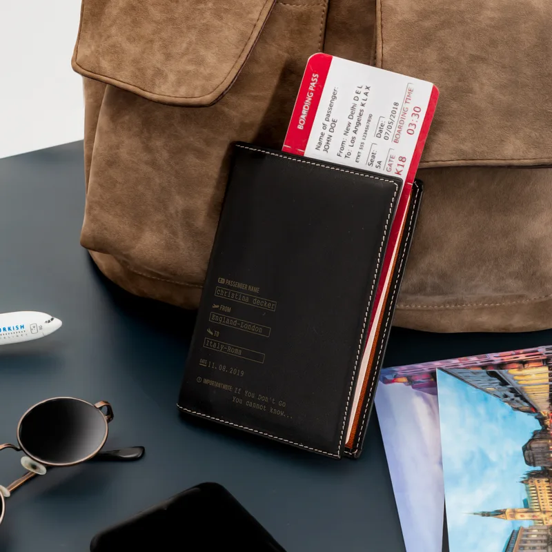 Personalised Leather Passport Holder with Plane Ticket Design