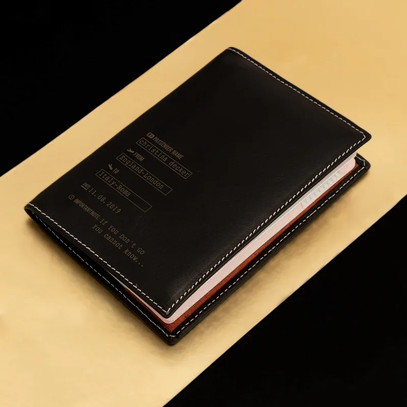 Personalised Leather Passport Holder with Plane Ticket Design
