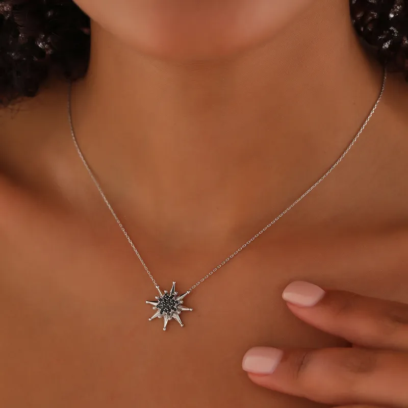 Stellar Sparkle Silver Necklace with Black Zircon Stones