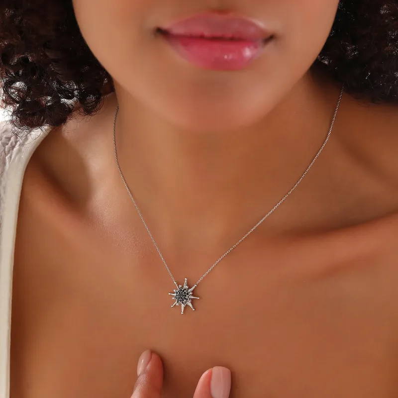 Stellar Sparkle Silver Necklace with Black Zircon Stones