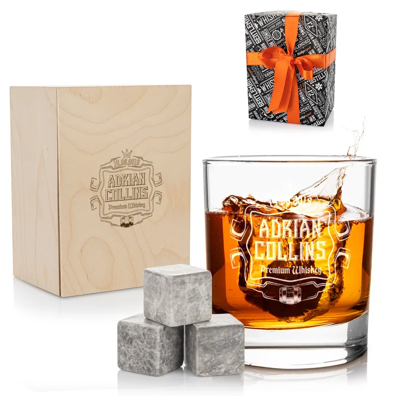 Premium Gifts for Dad Personalized Whiskey Glass Set with Wooden Box