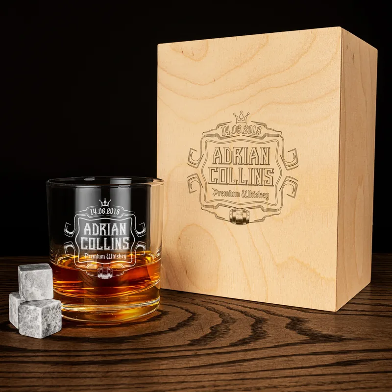 Premium Gifts for Dad Personalized Whiskey Glass Set with Wooden Box