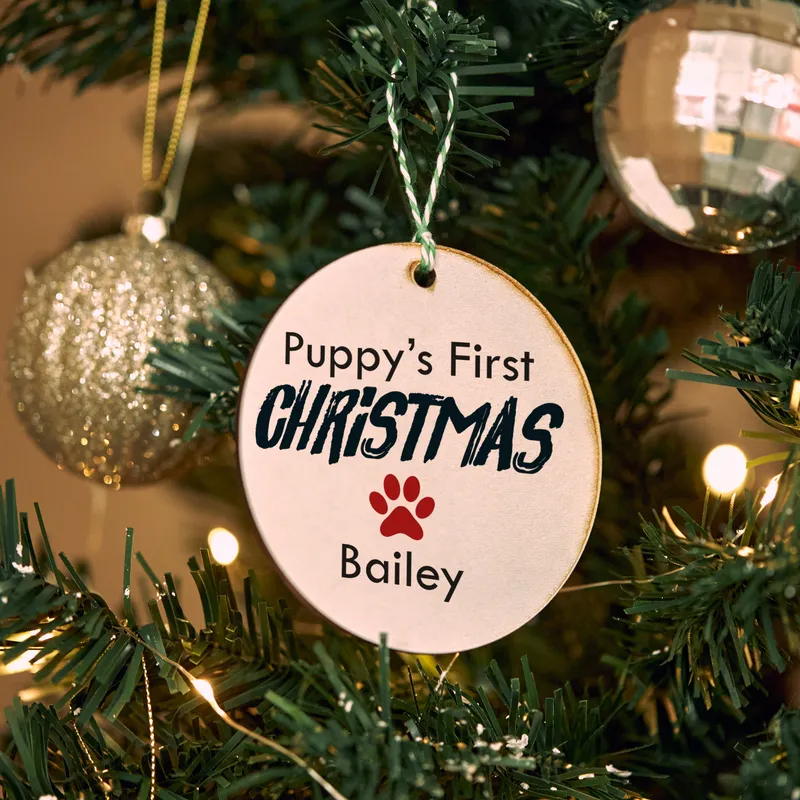 Puppy's First Christmas Personalized Pine Tree Ornament