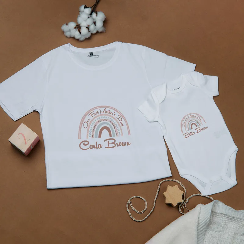 Rainbow Design First Mother's Day T Shirt and Baby Body Set