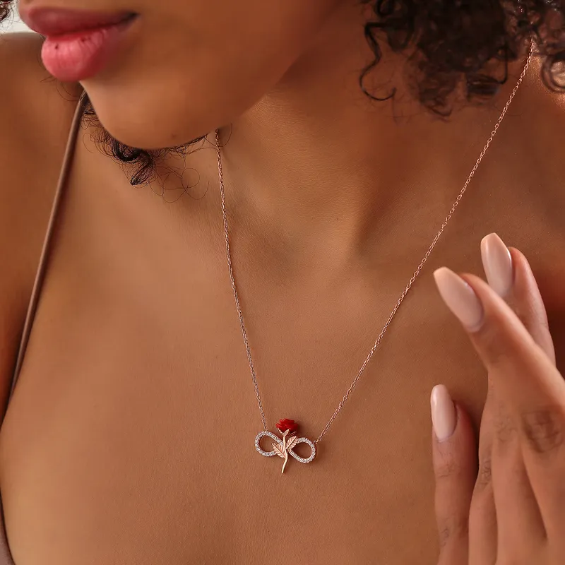 Red Rose Themed Gold Plated Necklace with Infinity Shape