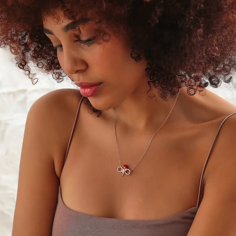 Red Rose Themed Gold Plated Necklace with Infinity Shape